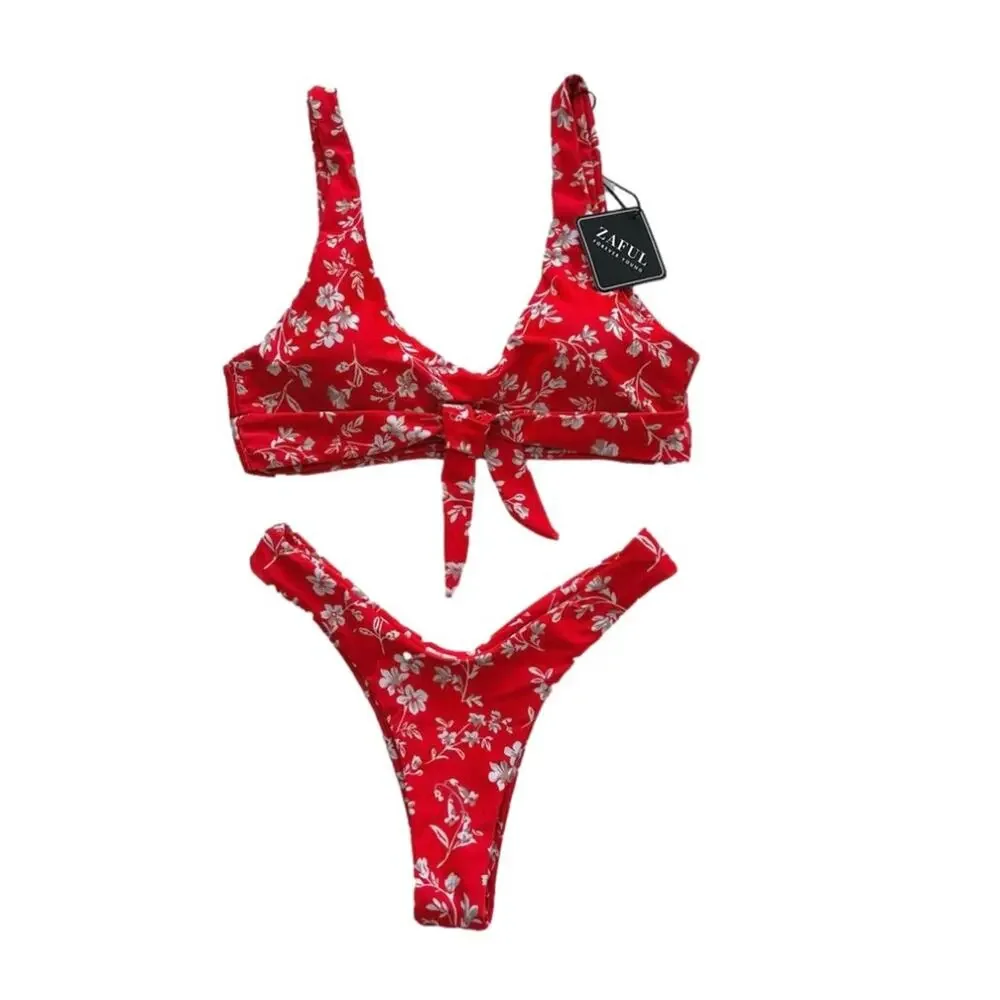 Zaful Bikini Set Red White Floral Knot Cheeky Two Piece Swim Bikini Size 4 NEW - Picture 1 of 11